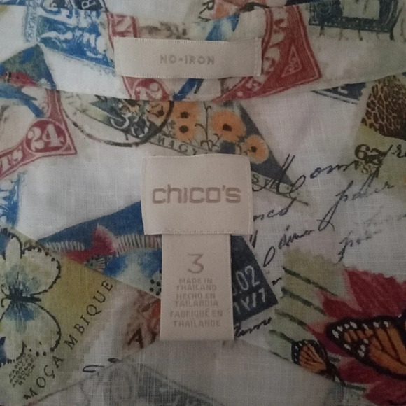 Chico's Button Front Novelty Postage Stamp Print 100% Linen Blouse Size XL - Picture 5 of 5